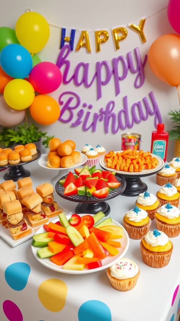A vibrant birthday snack table featuring mini sliders, fruit skewers, and cupcakes under festive decorations.